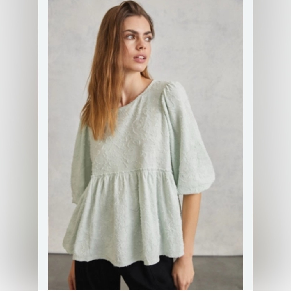 Anthropologie Amorina Mint Green Textured Babydoll Top Runs Big See Detail